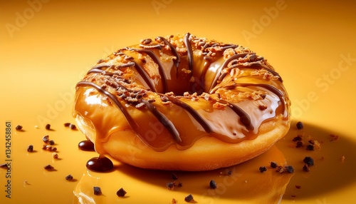 Cruller Maple Syrup Donut with Chocolate Sprinkles on Golden Yellow Background Isolated photo