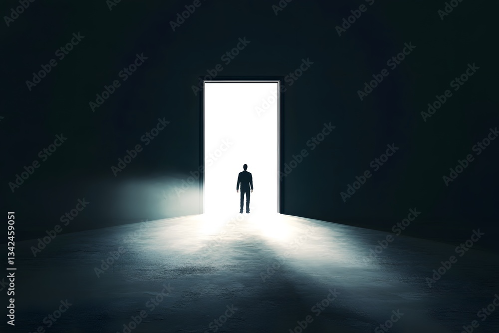 Person Walking Toward Open Door with Bright Light in Dark Room Person Walking Toward Open Door with Bright Light in Dark Room