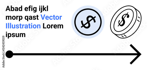 Black forward arrow pointing right, dollar coin variations above. Ideal for finance, growth, currency flow, trade, development, investment, simple landing page