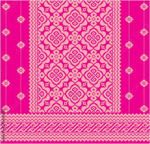 Vector illustration of Riau Malay songket woven ornament design pattern, pink color, traditional Indonesian Songket. Suitable for batik on cloth, backgrounds, weaving