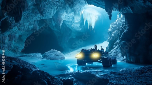 Vehicle Exploring Ice Cave with Stalactites and Illuminated Headlights