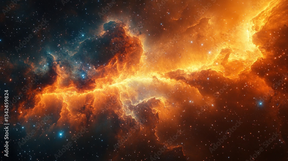 Fototapeta premium Fiery Nebula in Deep Space: A Celestial Tapestry of Orange and Gold