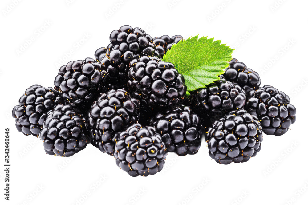 A pile of fresh blackberries with a single green leaf isolated on a black background A pile of fresh blackberries with a single green leaf isolated on a black background