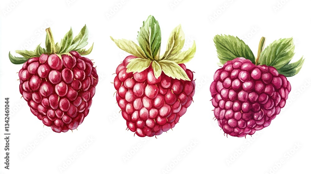 Three watercolor painted raspberries each with their green leafy tops Three watercolor painted raspberries each with their green leafy tops