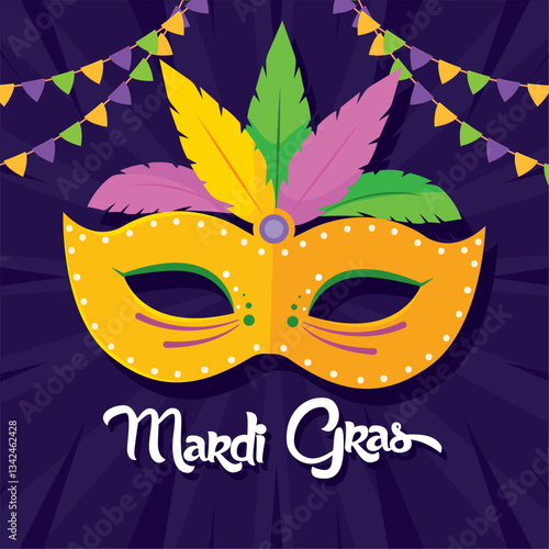 Mardi Gras mask with feathers and party flags Vector