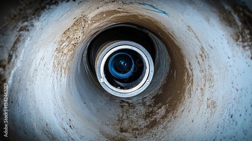 A specialized camera lens in a sewer pipe highlights the intricate inspection process against grimy walls, showcasing the challenging environment professionals face in underground systems