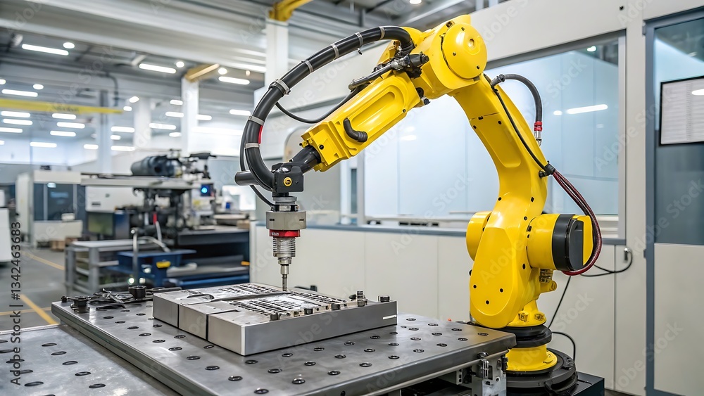 A Tireless Yellow Robotic Arm Meticulously Crafting A Precise Metal Mold In A Modern Factory, Showcasing Advanced Industrial Automation With Bright Lighting And A Clean Workspace A Tireless Yellow Robotic Arm Meticulously Crafting A Precise Metal Mold In A Modern Factory, Showcasing Advanced Industrial Automation With Bright Lighting And A Clean Workspace