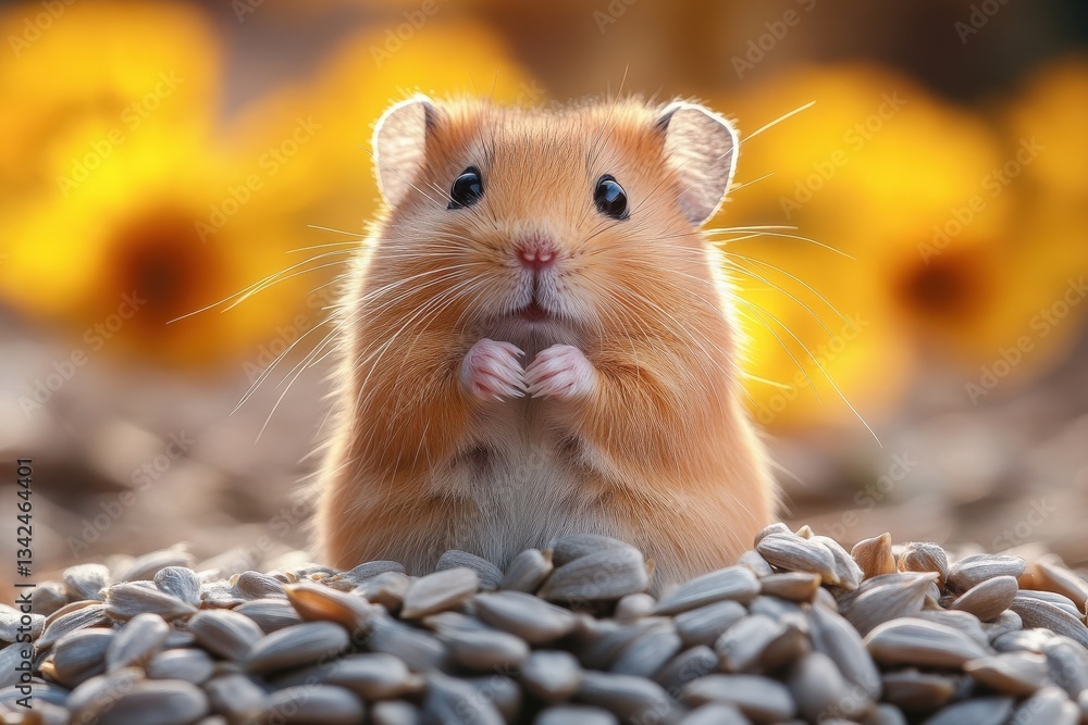 Curious Hamster Explores a Pile of Sunflower Seeds in a Cozy Habitat During Daylight Hours Curious Hamster Explores a Pile of Sunflower Seeds in a Cozy Habitat During Daylight Hours