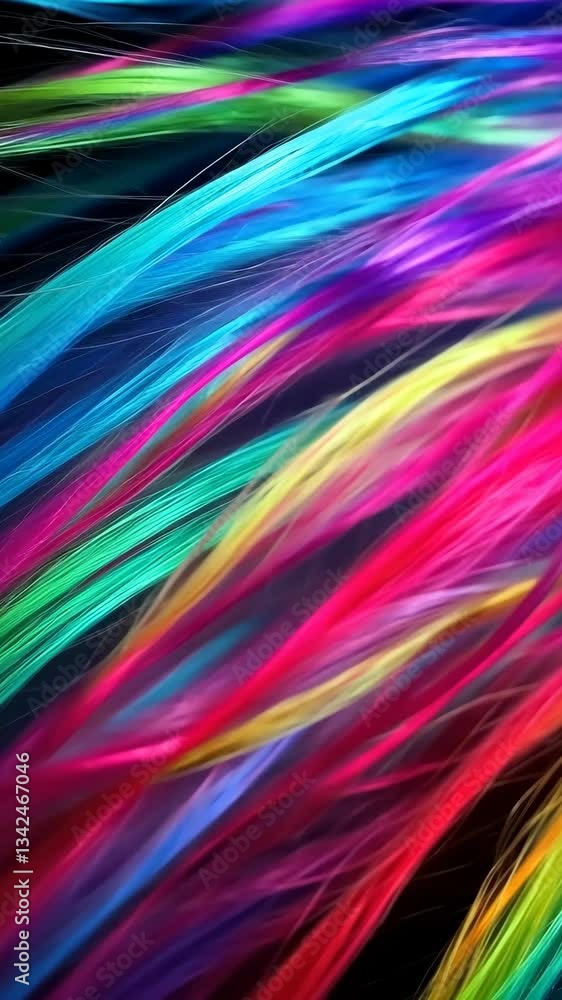 Vibrant multicolored hair strands flowing beautifully in a dramatic light setup Vibrant multicolored hair strands flowing beautifully in a dramatic light setup
