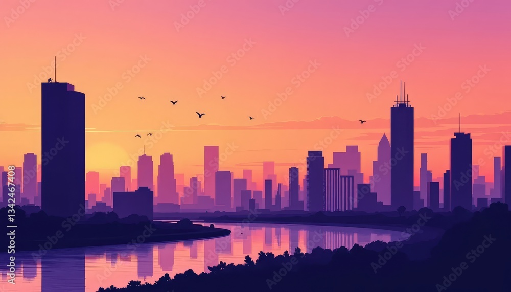 Naklejka premium Sunset Cityscape with Reflective River