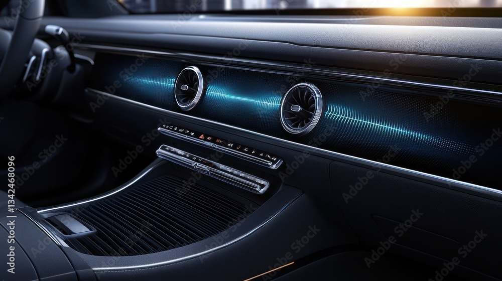 Modern car interior dashboard with ambient lighting. Modern car interior dashboard with ambient lighting.