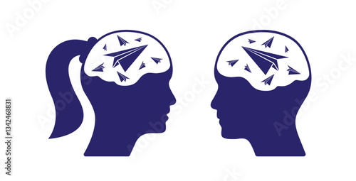 Blue open mind business man woman character with paper planes vector. Idea concept illustration to use for business, logical thinking, open mind, knowledge concept projects.