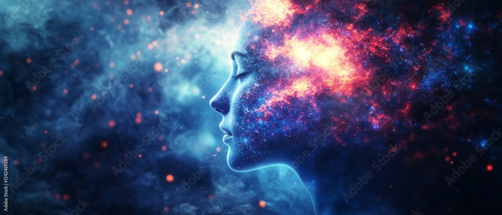 A woman's face is shown in a blue and orange galaxy A woman's face is shown in a blue and orange galaxy