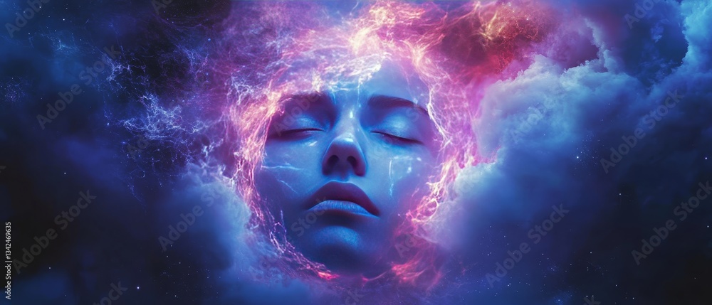 A woman's face is shown in a blue and purple sky A woman's face is shown in a blue and purple sky
