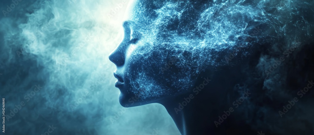 A woman's face is shown in a blue and white color scheme A woman's face is shown in a blue and white color scheme