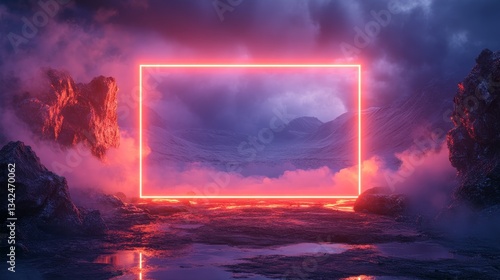A red glowing frame is in the middle of a foggy, rocky landscape