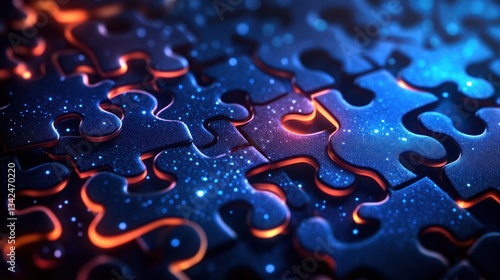 Glowing puzzle pieces interconnected, forming a complex network.