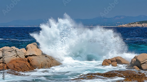 Ocean wave crashes on rocks against blue sea and sky
