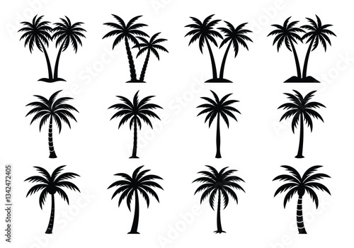 Set of black palm tree silhouettes isolated on white background