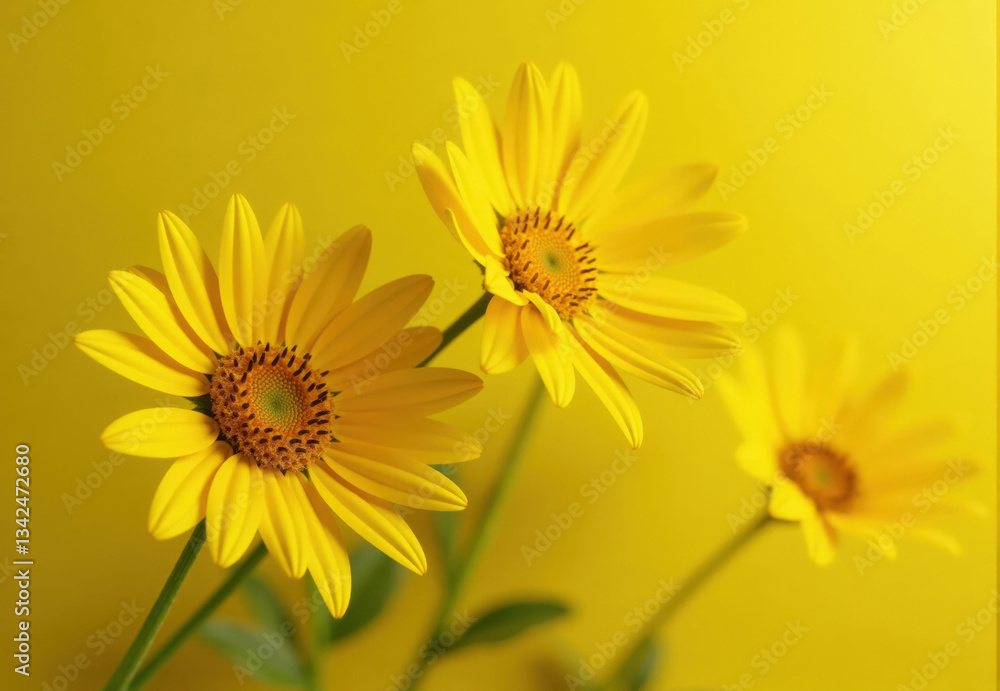 Obraz premium Three Yellow Daisies Against Yellow Background