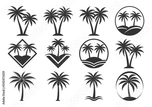 Set of black palm tree silhouettes isolated on white background