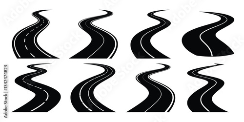 Set of black curved road silhouettes with different line patterns isolated on white background