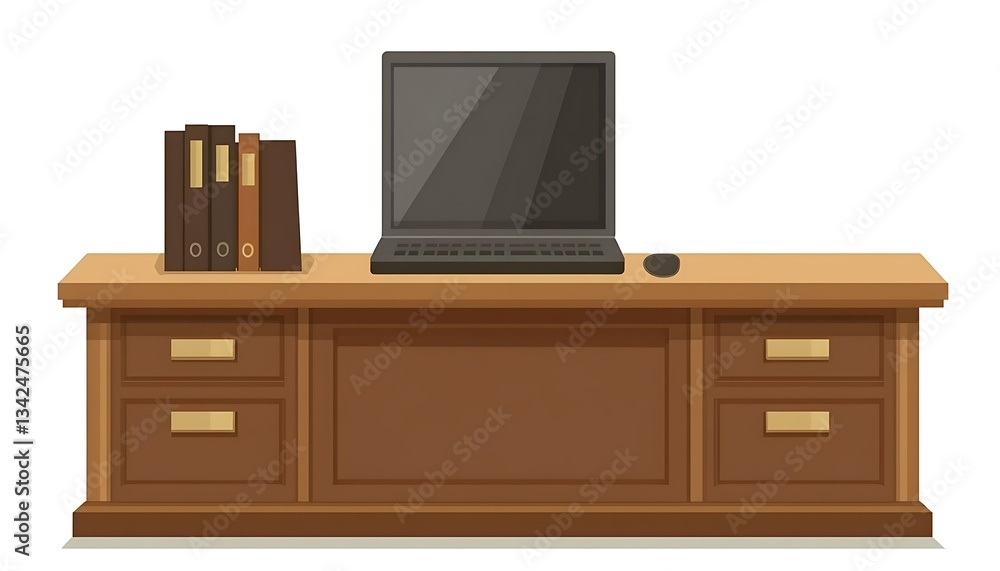 Office desk with laptop, files, and mouse, for work use Office desk with laptop, files, and mouse, for work use