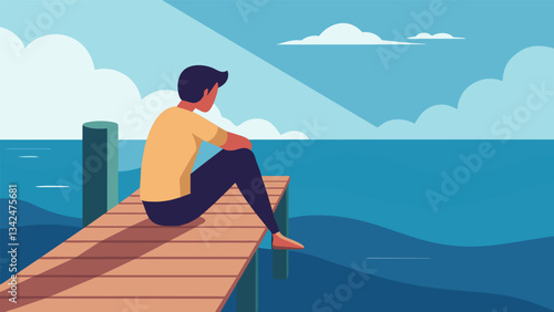 A person sits on the edge of a wooden pier their back against a post as they close their eyes and listen to the peaceful rhythm of the ocean waves.. Vector illustration