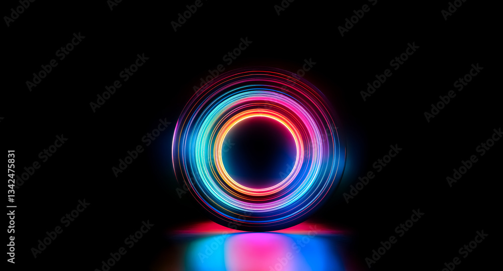 Vibrant concentric circles glow brightly against a dark backdrop. Illuminated rings create a captivating, futuristic and abstract design with a colorful reflection below. Vibrant concentric circles glow brightly against a dark backdrop. Illuminated rings create a captivating, futuristic and abstract design with a colorful reflection below.