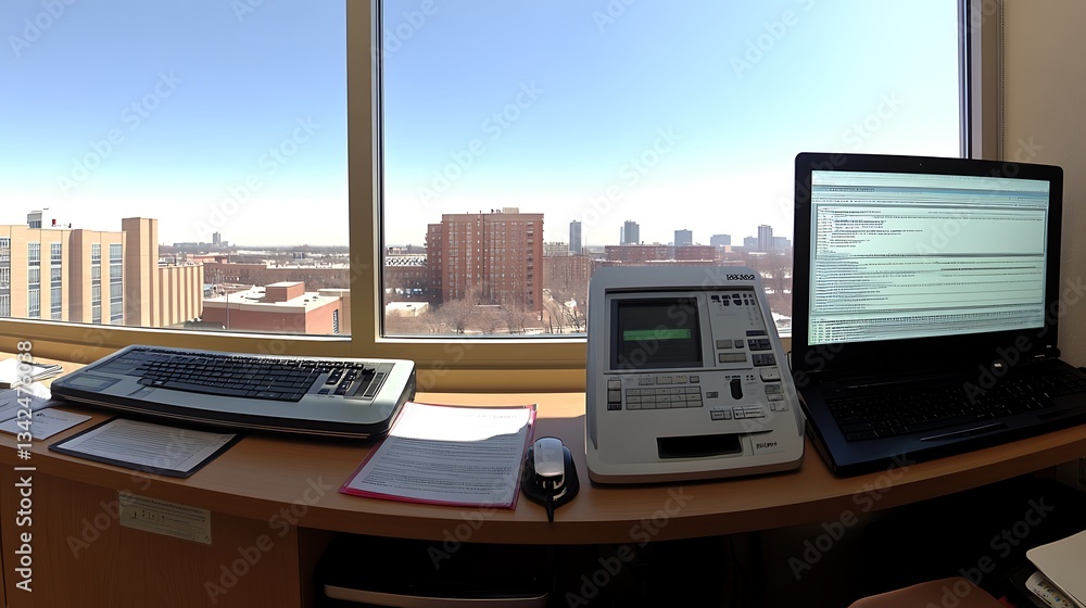Office desk with devices overlooking city scenery Office desk with devices overlooking city scenery