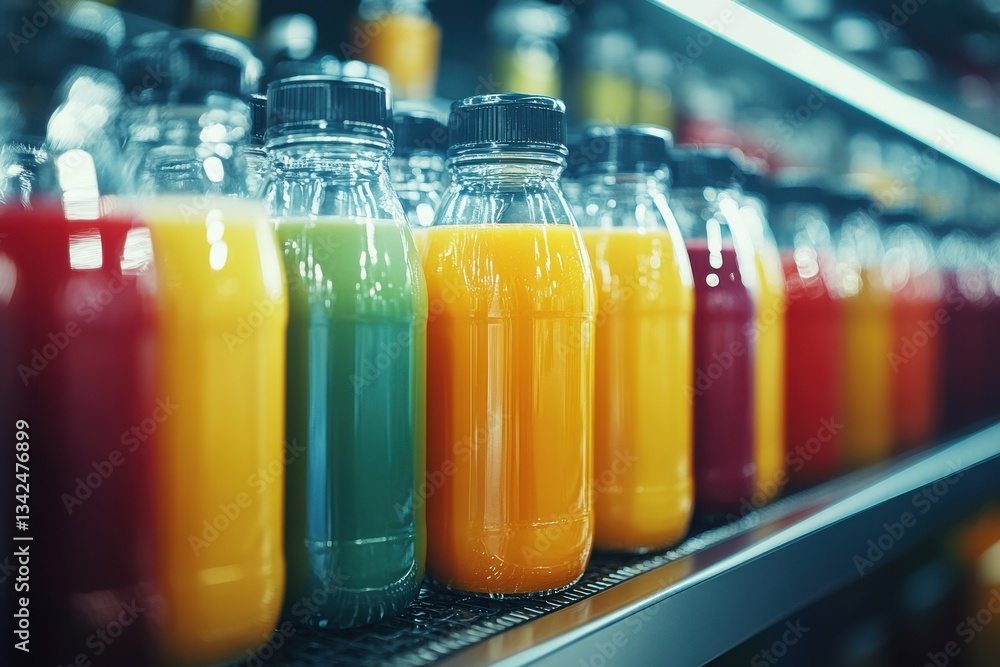 Colorful Bottled Juices in a Cool Display at a Beverage Store Colorful Bottled Juices in a Cool Display at a Beverage Store