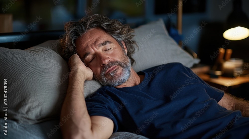 Fototapeta premium Man Sleeping in Bedroom at Night, Relaxed Sleep, Resting on Pillow, Home Interior, Wellbeing Concept.