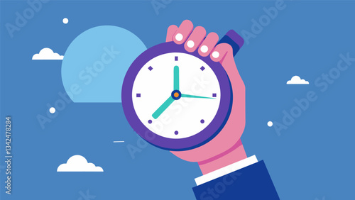 A hand holding a clock with the hands stuck at 1159 showing the urge to check social media one last time before starting the detox plan at midnight.. Vector illustration