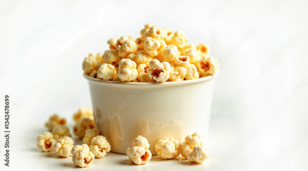 A delightful bowl overflowing with fluffy, buttery popcorn, a perfect movie night snack, against a bright white background. A delightful bowl overflowing with fluffy, buttery popcorn, a perfect movie night snack, against a bright white background.