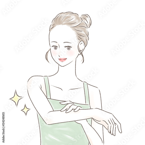 すべすべになった腕を触り喜ぶキャミソールの女性　お団子の髪型