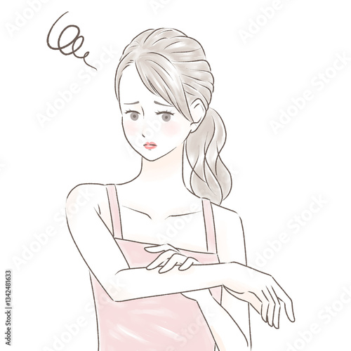 日焼けした腕を触り困った顔をするキャミソールの女性　ポニーテール