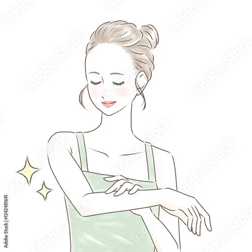 すべすべになった腕を触り、目を閉じて微笑むキャミソールの女性　お団子の髪型