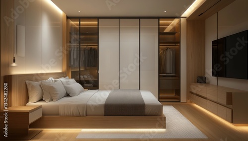 A modern and luxurious bedroom with minimalist design and wardrobe