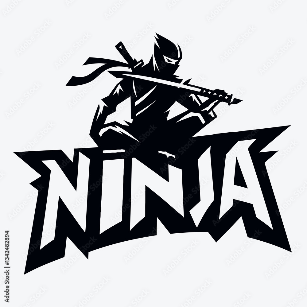Silueta de ninja en estilo negro para emblema o logotipo, creada en formato de gráficos vectoriales EPS10, ideal para branding o diseño con un acento minimalista y misterioso de Oriente Silueta de ninja en estilo negro para emblema o logotipo, creada en formato de gráficos vectoriales EPS10, ideal para branding o diseño con un acento minimalista y misterioso de Oriente