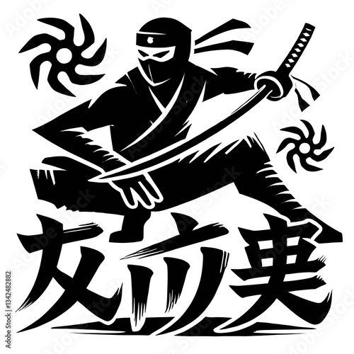 Silueta de ninja en estilo negro para emblema o logotipo, creada en formato de gráficos vectoriales EPS10, ideal para branding o diseño con un acento minimalista y misterioso de Oriente