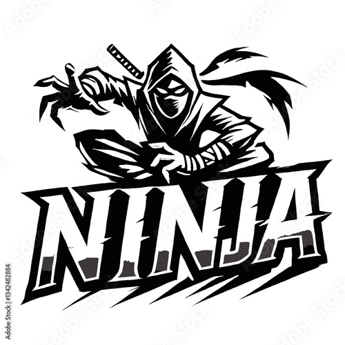 Silueta de ninja en estilo negro para emblema o logotipo, creada en formato de gráficos vectoriales EPS10, ideal para branding o diseño con un acento minimalista y misterioso de Oriente