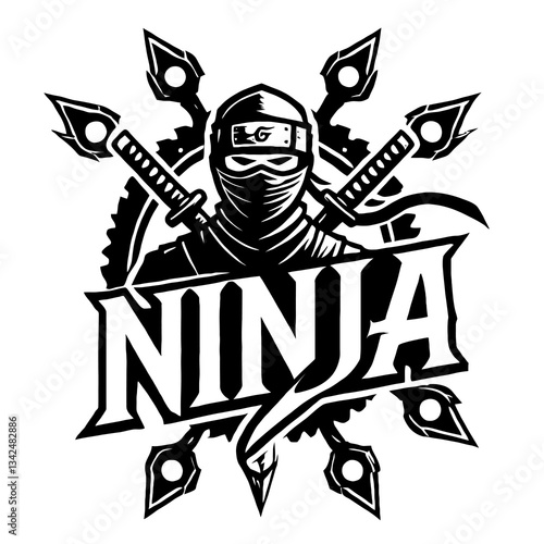 Silueta de ninja en estilo negro para emblema o logotipo, creada en formato de gráficos vectoriales EPS10, ideal para branding o diseño con un acento minimalista y misterioso de Oriente