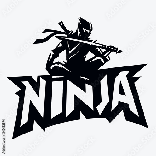 Silueta de ninja en estilo negro para emblema o logotipo, creada en formato de gráficos vectoriales EPS10, ideal para branding o diseño con un acento minimalista y misterioso de Oriente