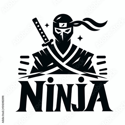 Silueta de ninja en estilo negro para emblema o logotipo, creada en formato de gráficos vectoriales EPS10, ideal para branding o diseño con un acento minimalista y misterioso de Oriente