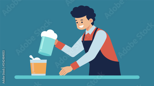 The bartender wipes the excess foam off the edge of the glass creating a pictureperfect presentation.. Vector illustration
