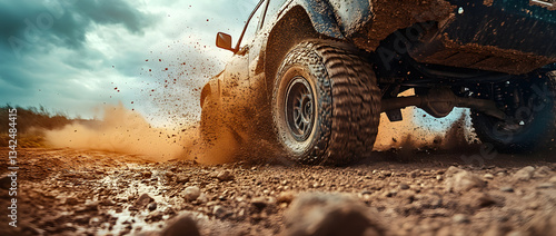 Off-road vehicle tears through a muddy dirt road kicking up dust and debris under a stormy sky.