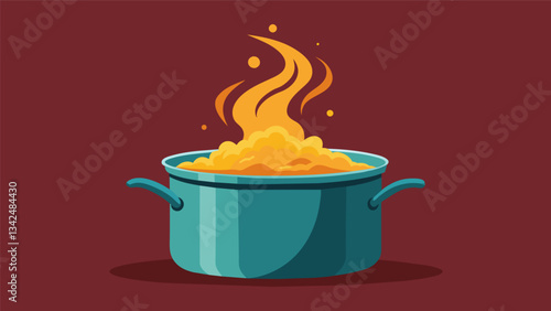 Steam rising from a bubbling pot of savory shredded chicken which will soon be used as filling for mouthwatering empanadas.. Vector illustration