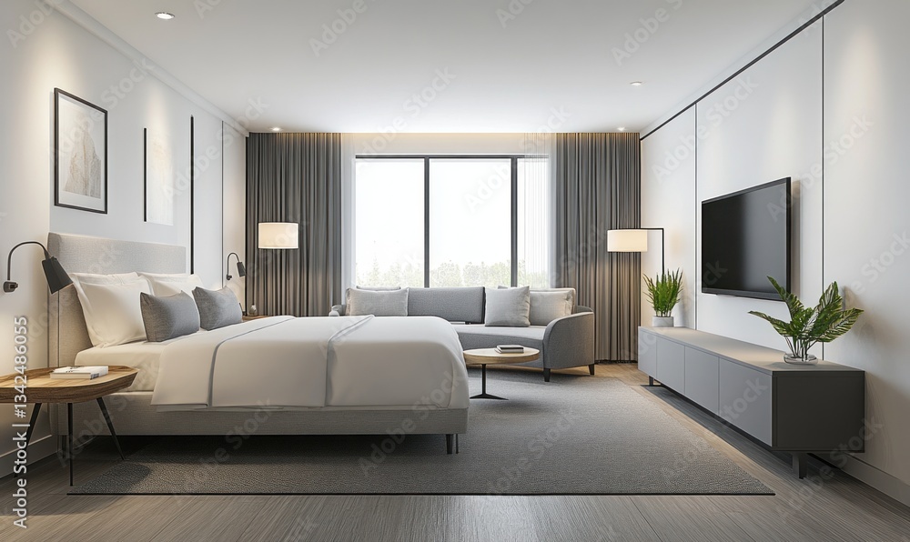 A modern bedroom interior is furnished with sophisticated furniture and decor A modern bedroom interior is furnished with sophisticated furniture and decor