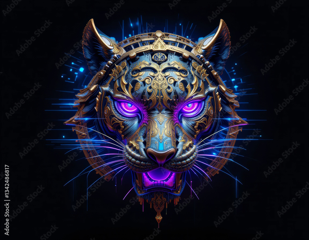 Obraz premium Intricate blue and gold tiger head with glowing purple eyes and ornate details