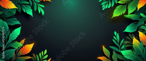 green orange gradient glowing edges neon of leaves patterns on plain black background illustration design concept backdrop